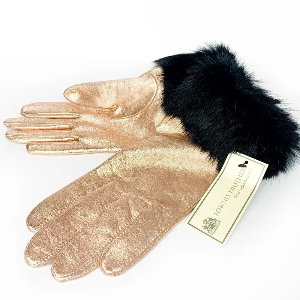 Rose Gold Leather Gloves With Plush Fur Cuffs Size 7